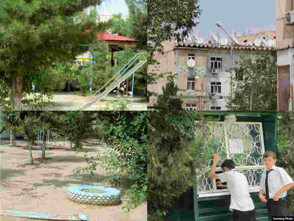 Merdan, 11, from Turkmenistan, photographed a children's park in Ashgabat; a building covered with satellite dishes; and his friends buying tickets.