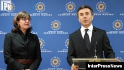 Incoming Foreign Minister Maia Panjikidze (left) with Georgian Dream leader Bidzina Ivanishvili at a Tbilisi press conference earlier this year.