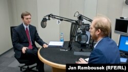 Host Grant Podelco interviews Dr. Tomicah Tillemann (left), Hillary Clinton's senior adviser for civil society and emerging democracies, in The Blender studios.