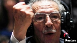 Former Guatemalan leader Efrain Rios Montt gestures as he speaks at his genocide trial in Guatemala City in early May.