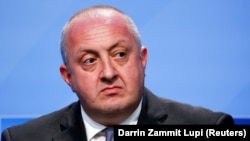 Georgian President Giorgi Margvelashvili holds a news conference after the NATO summit in Brussels, July 12, 2018