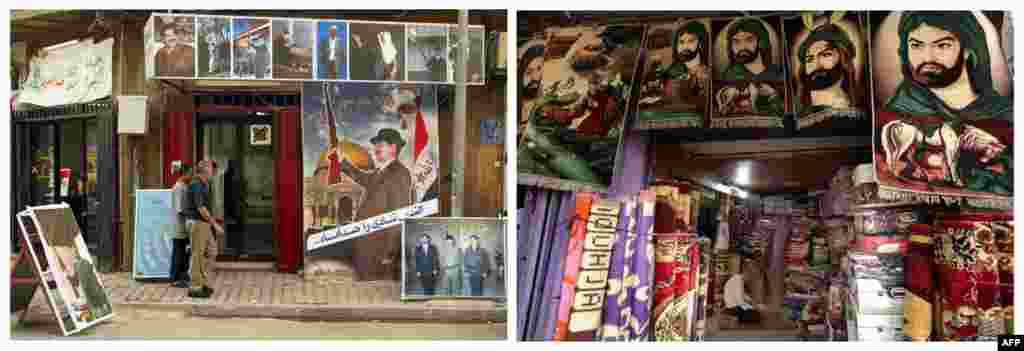 Left: Men walk past posters of Iraqi President Saddam Hussein outside a billboard factory on October 17, 2002. Right: A man prays in his shop selling carpets depicting Imam Hussein, revered by Shi&#39;ite Muslims, on February 2, 2013, on Baghdad&#39;s Rashid Street.