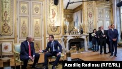 U.S. President Donald Trump and French President Emmanuel Macron meet at Elysee presidential palace. Paris, France, November 10, 2018.