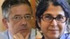 A combo photo shows French-Iranian academic Fariba Adelkhah (right) and her French colleague Roland Marchal who went on trial in Iran on March 3, 2020.