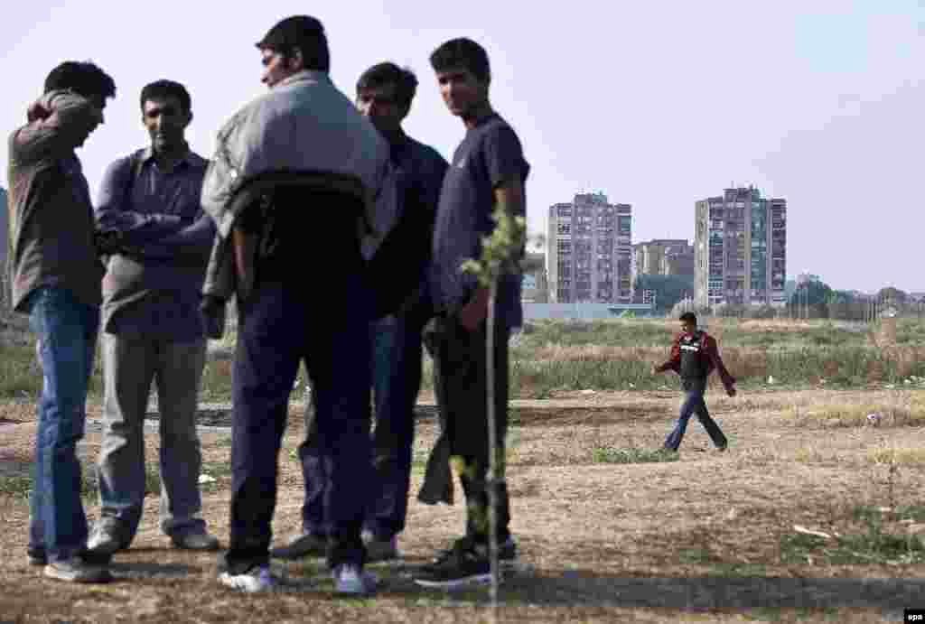 Refugees hoping to enter Europe&#39;s Schengen Area take shelter on the outskirts of Subotica, Serbia, near the Hungarian border, in September 2011.