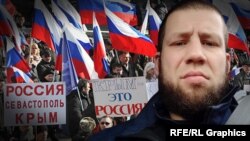 Колаж з використанням фото проросійського мітингу у Севастополі та Олександра Расшивалова
