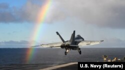 An F/A-18E Super Hornet launches from the U.S. Navy aircraft carrier USS Harry S. Truman in support of Exercise Trident Juncture 18 in the Norwegian Sea, October 25, 2018. File photo