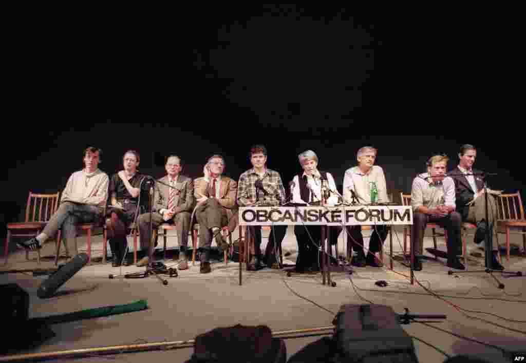 Leaders of the &#39;&#39;Obcanske forum&#39;&#39; (Civic Forum) opposition group made their headquarters in a Prague theater. Vaclav Havel is seated second from the right.