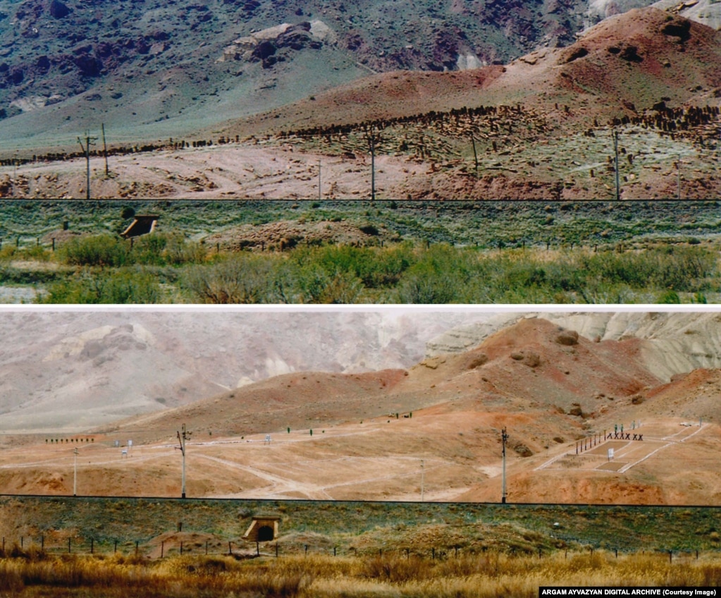 Photos before and after the 2005 destruction of the cemetery at Julfa shows the ancient tombstones had been replaced with a shooting range set up on the site.