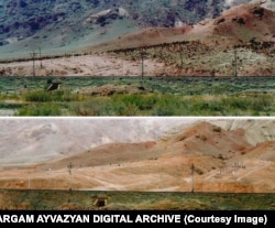 Photos before and after the 2005 destruction of the cemetery at Julfa shows the ancient tombstones had been replaced with a shooting range set up on the site.