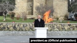 Azerbaijan -- President Ilham Aliyev gives a speech in Baku during nationwide Novruz festivities, 19Mar2018.