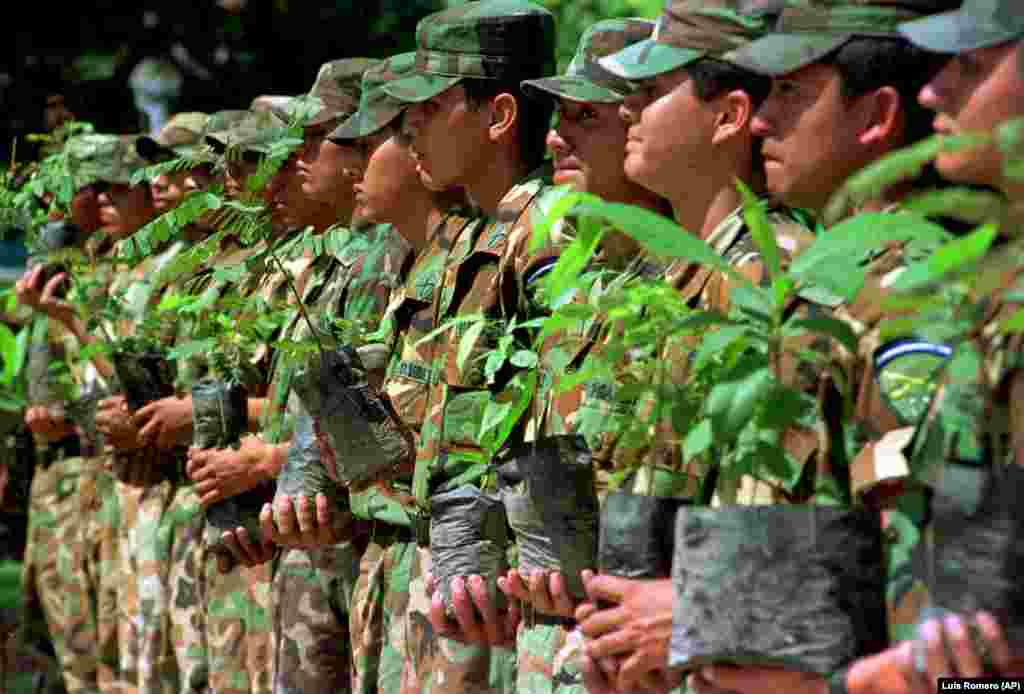 Члени сальвадорської армії готуються висаджувати дерева під час святкування Дня Землі. Сан-Сальвадор, 22 квітня 1999 року