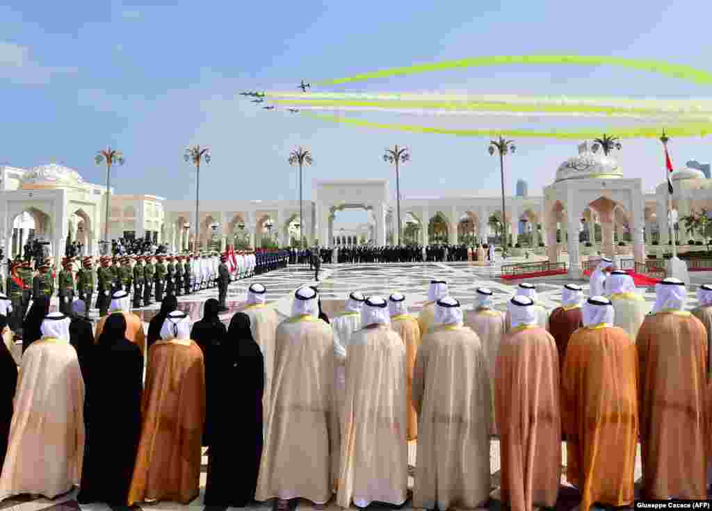 Aircraft fly over the presidential palace during a reception for Pope Francis in the Emirati capital, Abu Dhabi, on February 4. (AFP/Giuseppe Cacace)