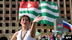 People in the capital, Sukhumi, take to the streets to celebrate the recognition of Abkhazia's independence by Russia.