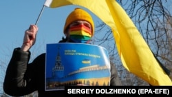 Во время Марша единства на фоне угрозы нового военного вторжения России на украинскую территорию. Киев, 12 февраля 2022 года
