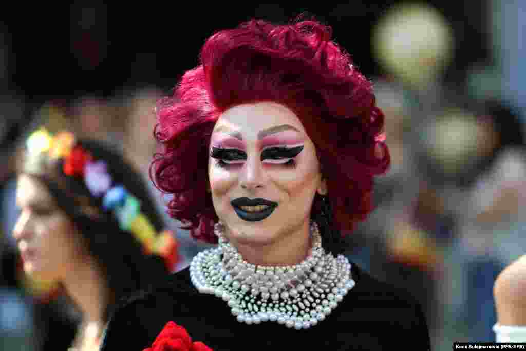 A participant attends the Belgrade Pride Parade march on September 16. (EPA-EFE/Koca Sulejmanovic)