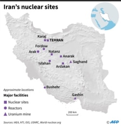 Map of Iran showing main nuclear facilities.