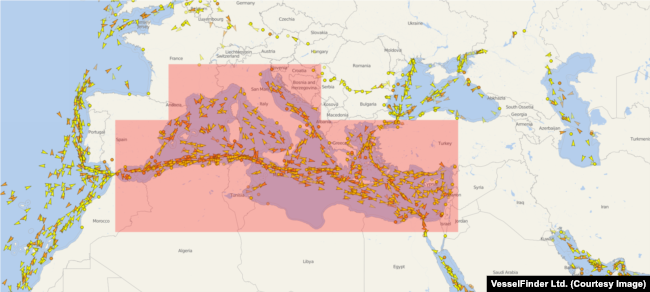 Snapshot map of cargo- and tanker-ship traffic in Mediterranean Sea on August 20 (courtesy of VesselFinder)