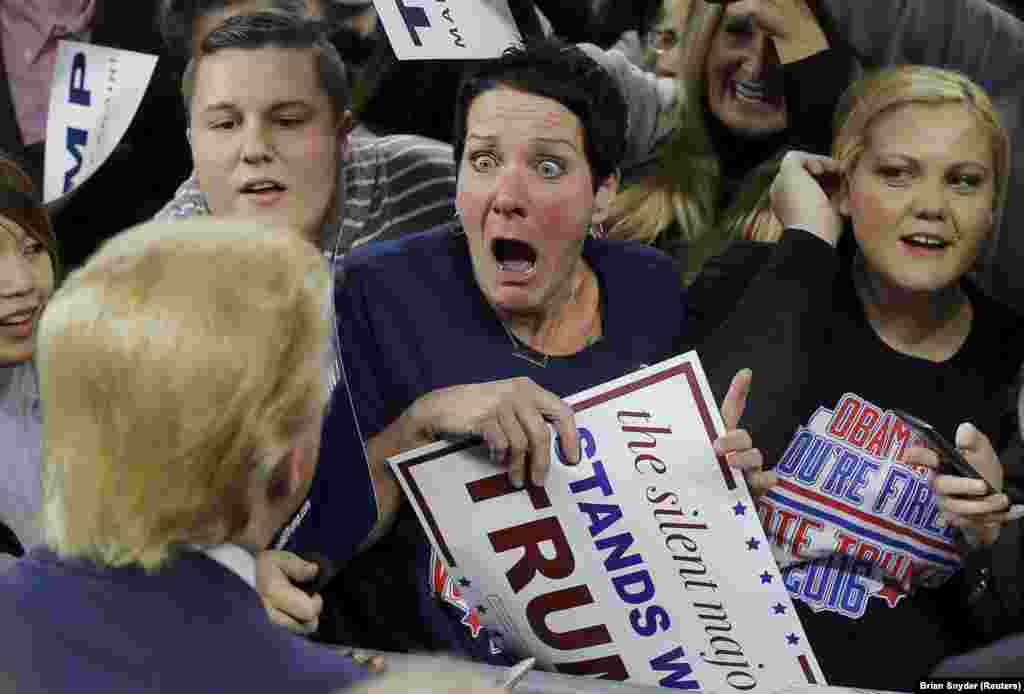 Robin Roy sent the Internet into meltdown when this photo of her encounter with U.S. presidential candidate Donald Trump during a January campaign rally was captured by Reuters photographer Brian Snyder. The image spawned numerous memes and montages. Roy told the Boston Globe that, at first, the attention the image created was upsetting. &quot;But now, you know what? I love Trump so much, that I really don&rsquo;t care what people think,&quot; she said of her run-in with the future president-elect. &quot;I hope he comes through with most of his promises and brings this country together to stop the political nonsense.&quot;