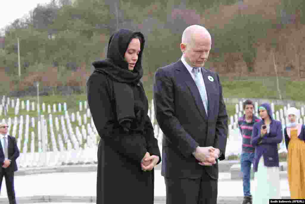 Bosnia-Herzegovina - BritishForeign Secretary William Hague MP and the Special Envoy of the UN High Commissioner for Refugees Angelina Jolie, Srebrenica, 28Mar2014