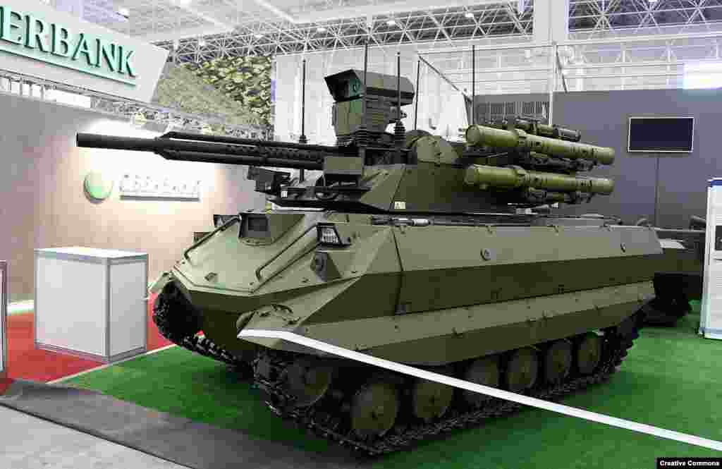 Russia’s unmanned Uran-9 tank is armed with a 30-millimeter cannon capable of punching through brick walls, as well as four missiles that can take out tanks or aircraft.