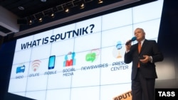 Dmitry Kiselyov, an anchorman at RT, at a presentation of the then-new Russian news agency Sputnik in Moscow in November 2014