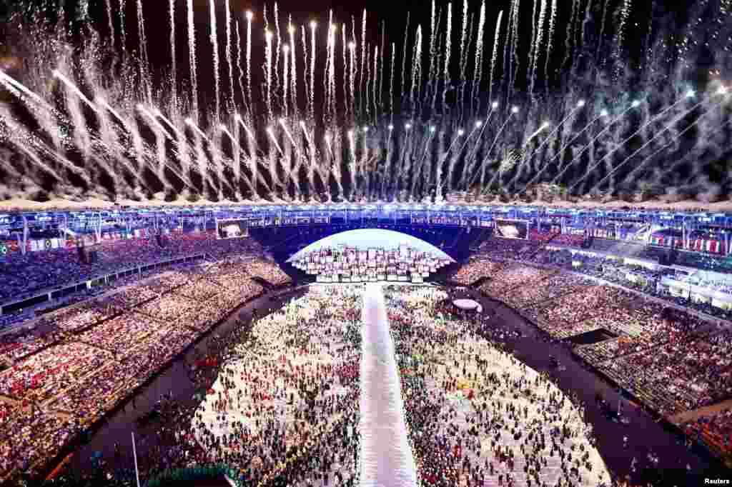 Fireworks explode during the opening ceremony.