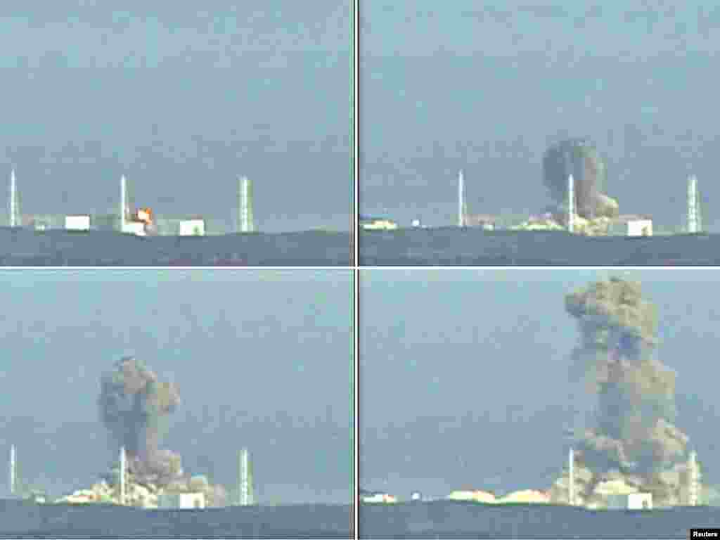 O fotografie compusă din patru capturi video din 14 martie 2011. Ele redau în succesiune cronologică explozia complexului nuclear Fukushima Daiichi. O explozie de hidrogen a zguduit centrala nucleară, autoritățile străduindu-se să prevină colapsul și explozia structurii după cutremurul masiv și tsunamiul care avuseseră loc cu trei zile înainte.