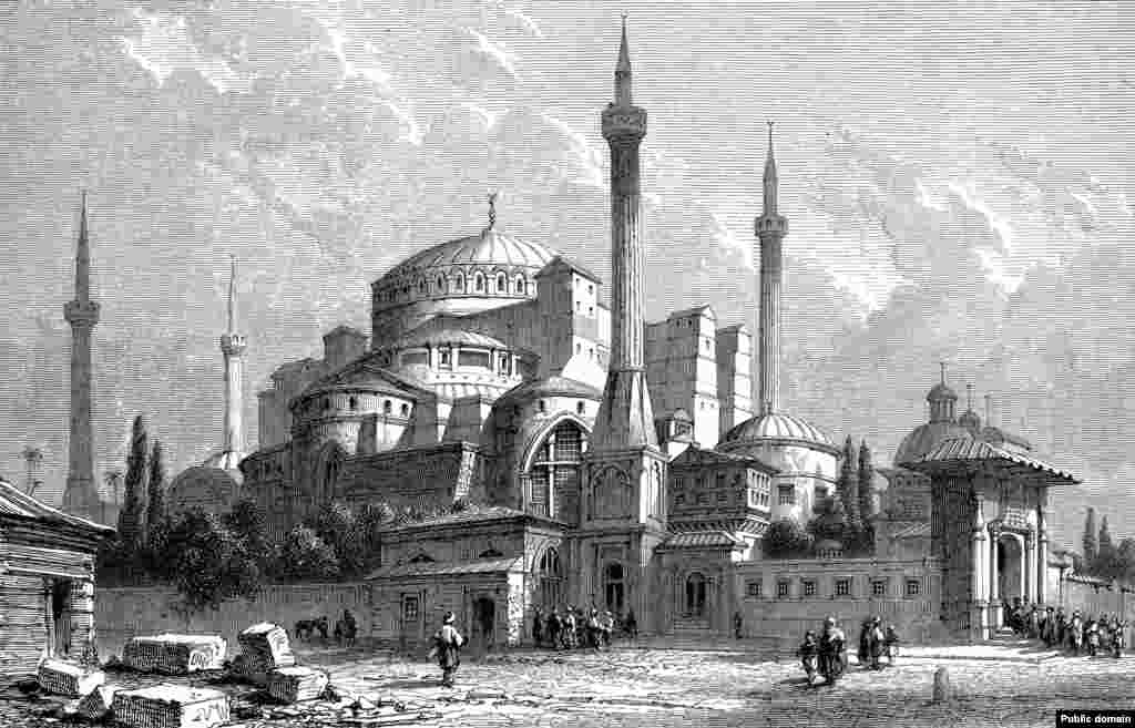Ilustracija Aje Sofije iz 1857. &nbsp; Na eksterijeru nekadašnje crkve dograđeni su minareti sa kojih su mujezini pozivali na molitvu vjernike muslimane.