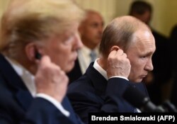 U.S. President Donald Trump (left) and Russian President Vladimir Putin after their talks in Helsinki on July 16.