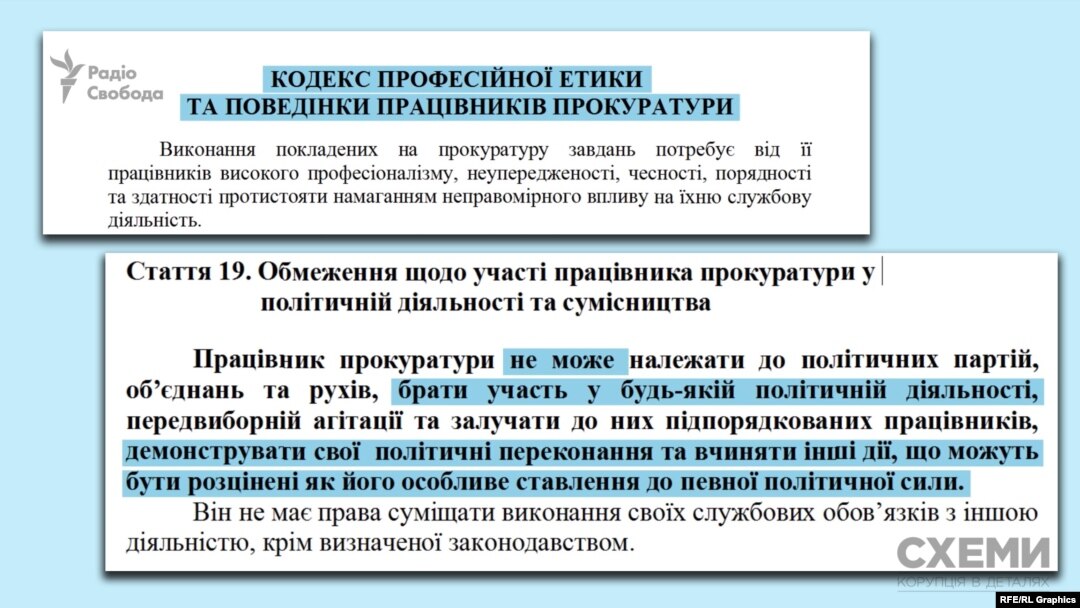 Кодекс професійної етики працівників прокуратури забороняє генпрокурору брати участь у будь-якій політичній діяльності