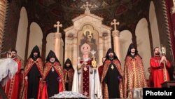 Armenia - Catholicos Garegin II (C) and other high-ranking clerics of the Armenian Apostolic Church celebrate Mass in Echmiadzin.