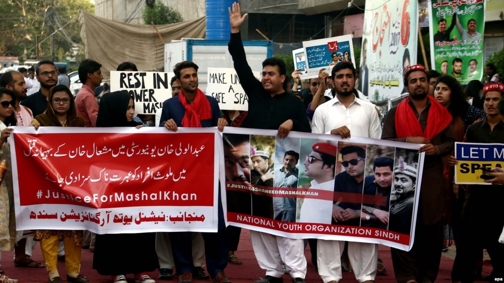 People hold a rally in support of Mashal Khan, who was killed by a mob of fellow students for alleged blasphemy at Abdul Wali Khan University.