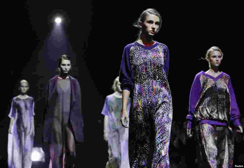 Models present creations by Russian designer Viktoria Andreyanova at the Volvo Fashion Week in Moscow last month.