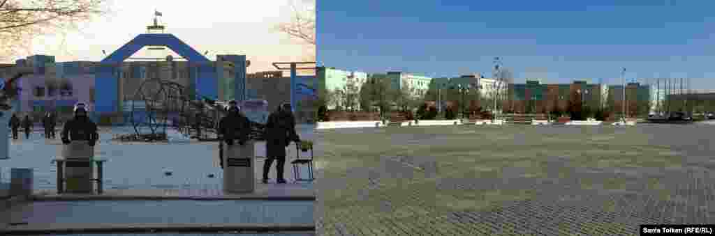 Security forces stand on Zhanaozen&#39;s main square, littered with rubble from the clashes, in a photo from 2011.