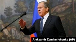 Russian Foreign Minister Sergei Lavrov speaks at a press conference in Moscow on March 29.