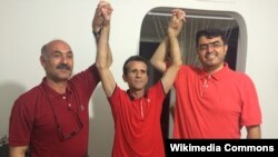 Jafar Azimzadeh Iranian Free Labor Union Chairman of the board, Esmail Abdi, former Teacher Union Chairman (Right) Rasoul Bodaghi, Teacher Union & Human Rights Activist following temporary release from prison on July 2016.