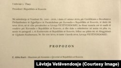 Приштина- документот со кој Самоопределување го предлага Албин Курти за мандатар, 20.01.2020