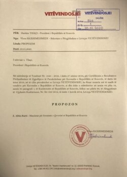 Letra e Lëvizjes Vetëvendosje dërguar presidentit Hashim Thaçi.