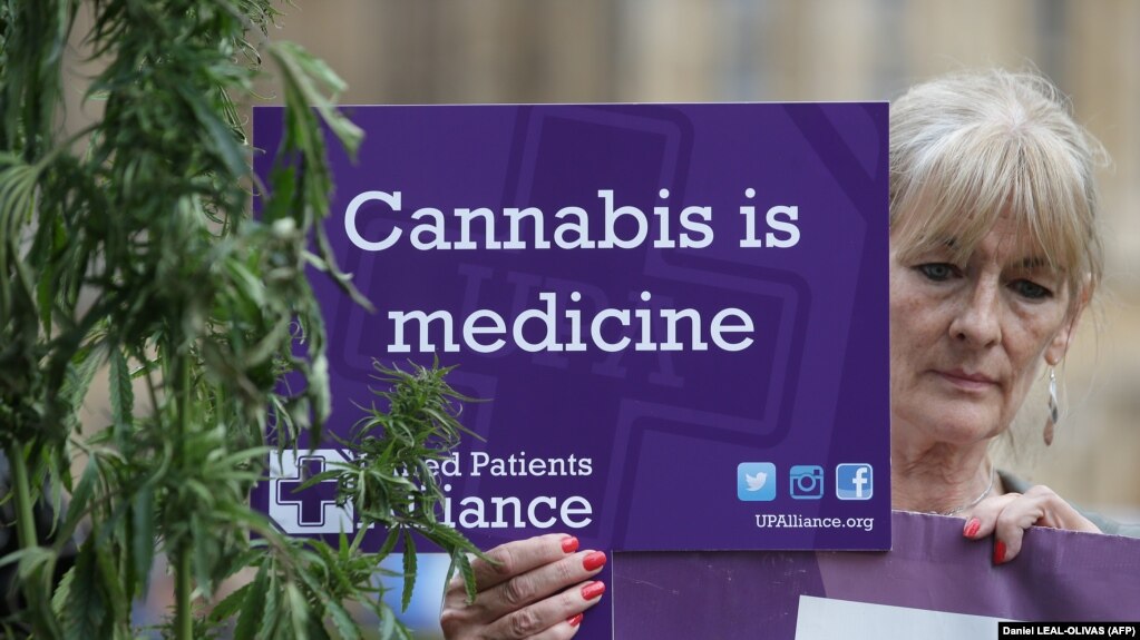 Акция в поддержку легалицации каннабиса в лекарственных целях в Лондоне. Надпись на плакате: "Каннабис – это лекарство"