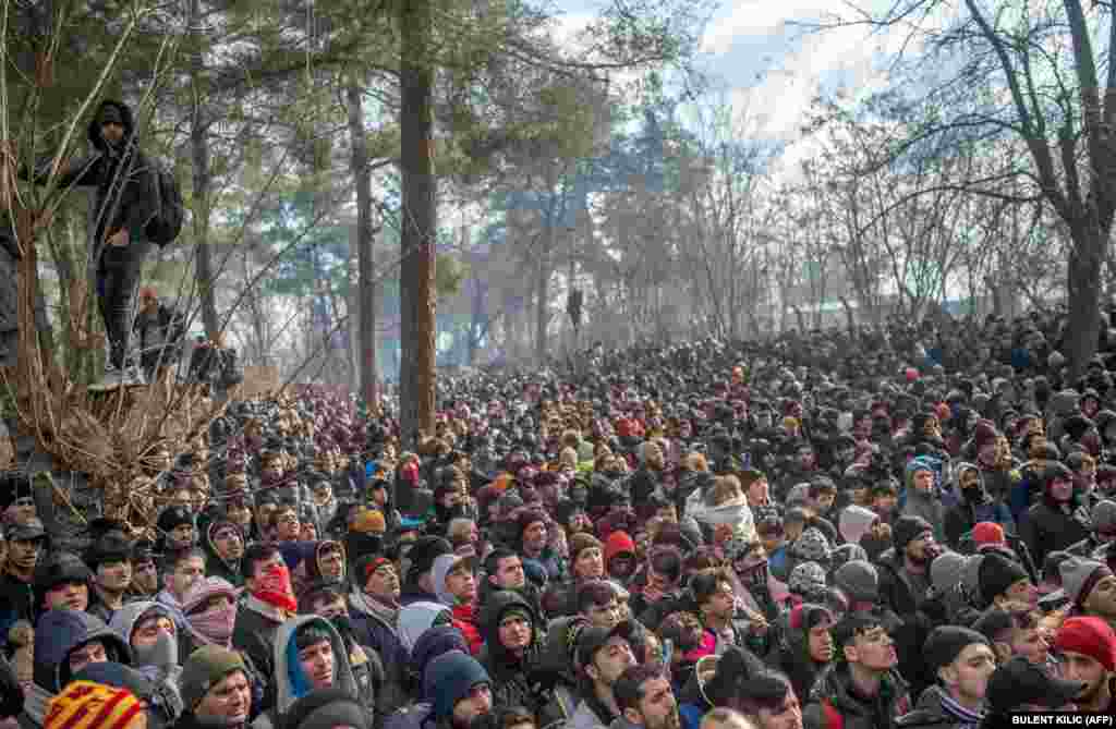 Мигранты в буферной зоне в районе города Эдирне в Турции, 29 февраля 2020 года.&nbsp;