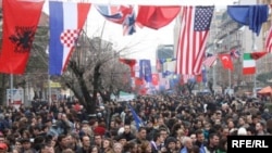 A crowd in Pristina celebrates the second anniversary of Kosovo's declaration of independence in February.