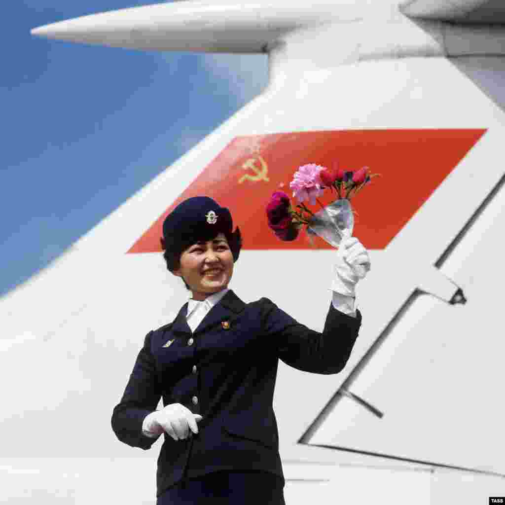An Aeroflot flight attendant in Tajikistan in 1982.
