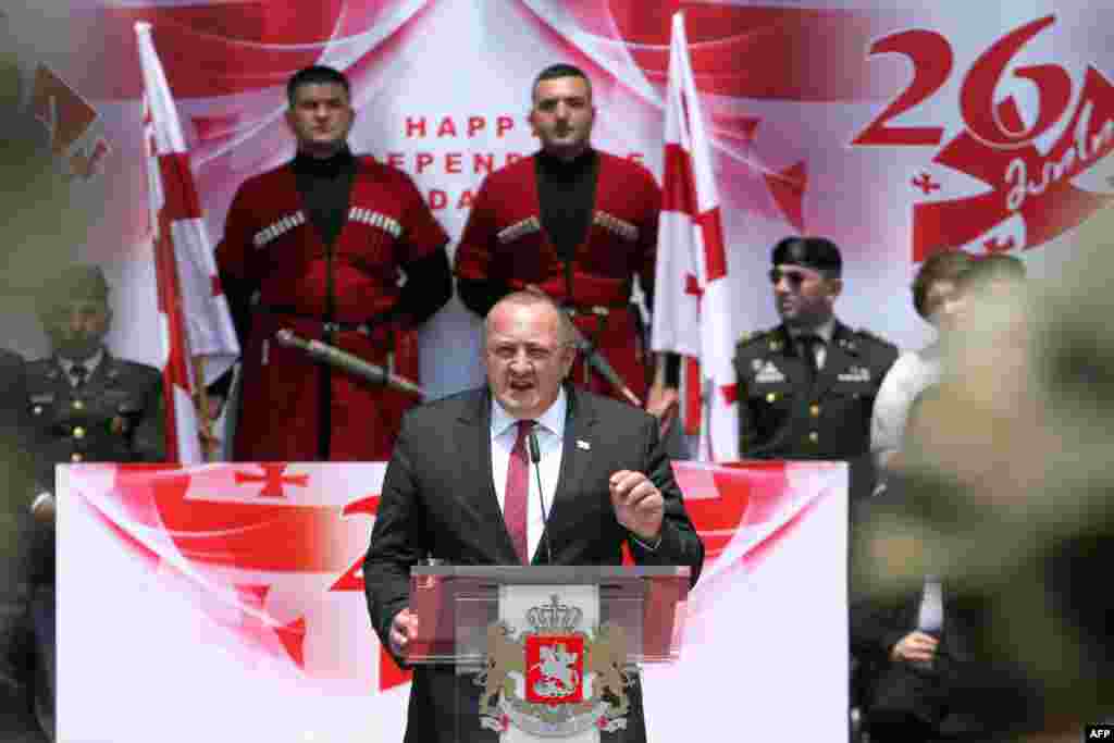 Gürcüstan prezidenti Giorgi Margvelashvili Tbilisdə çıxış edərkən