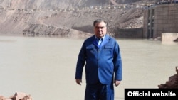 Tajik President Emomali Rahmon at the site of the Rogun Dam on October 29.