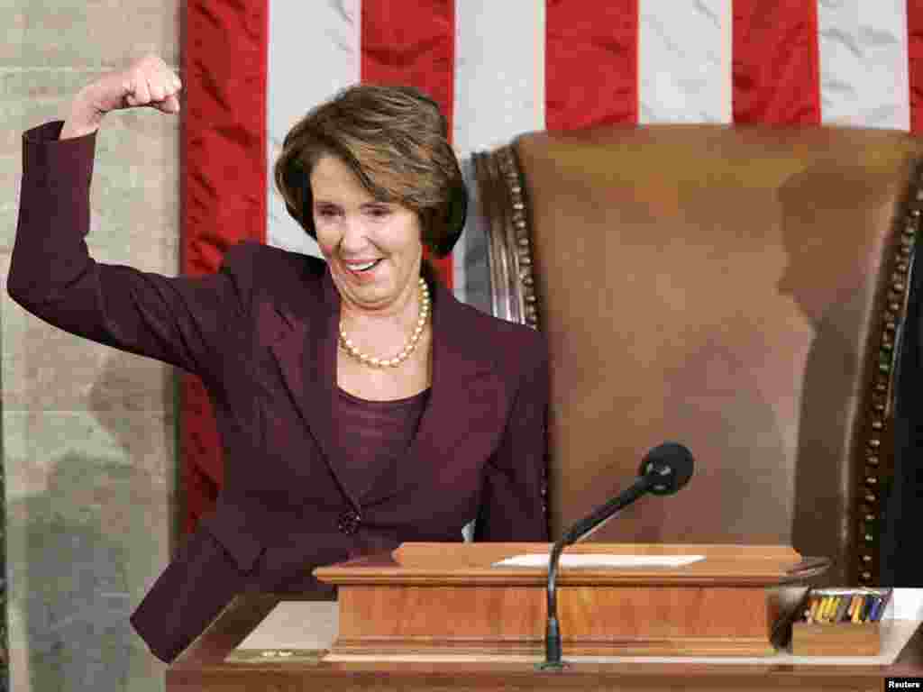 U.S. Speaker of the House Nancy Pelosi (D-CA) reacts as she takes the podium for the first time after she was elected the first ever female Speaker of the U.S. House of Representatives on the first day of the 110th Congress in Washington January 4, 2007. REUTERS/Larry Downing 