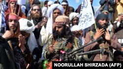 گروهی از شبه‌نظامیان گروه اسلام‌گرای طالبان امضای توافق صلح با آمریکا را جشن گرفته‌اند؛ ۲ مارس، ولسوالی علینگار در استان لغمان