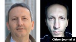 Iranian scientist and physician Ahmadreza Jalali prior to his detention (L) and in a photo from prison. (undated)