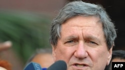 Richard Holbrooke speaks to the media after meeting with India's foreign minister in New Delhi on February 16.