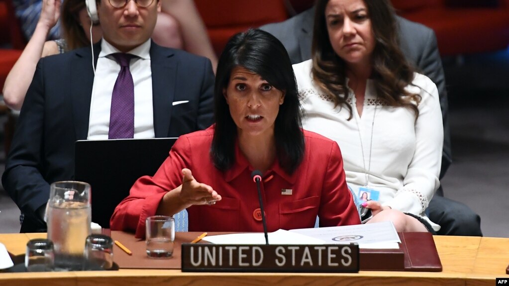 U.S. Ambassador to the United Nations Nikki Haley speaks during a Security Council meeting at UN headquarters in New York last month.